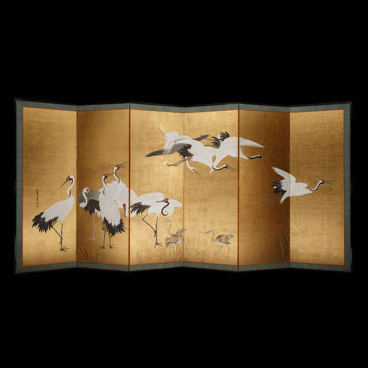 独角鹿西洋古董日本狩野派法桥泉玄签名金地纸本着色仙鹤六曲屏风 商品图0