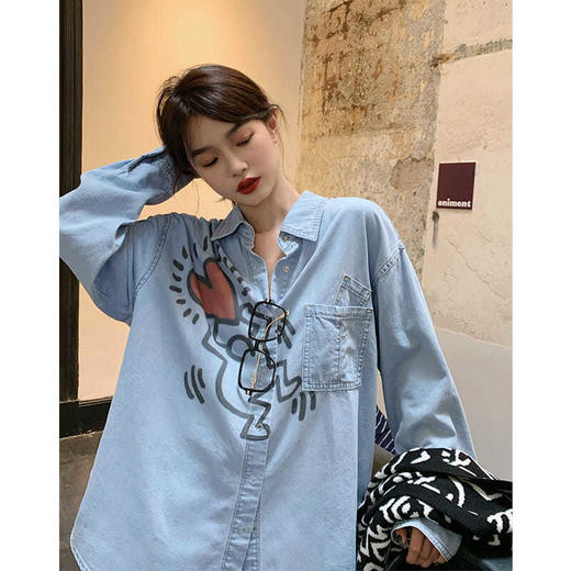 牛仔衬衫女早秋2021年新款复古港风长袖衬衣宽松休闲百搭外套上衣 商品图2