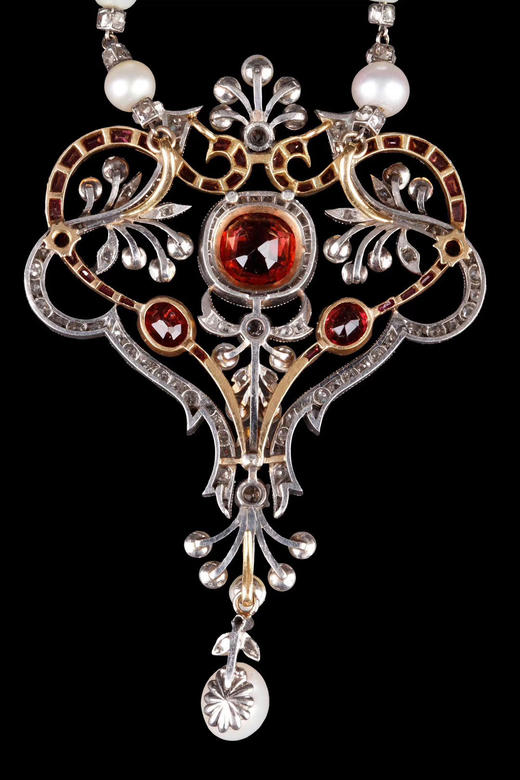 独角鹿西洋古董首饰18K金铂金镶嵌石榴石尖晶石钻石珍珠项链/胸针 商品图2