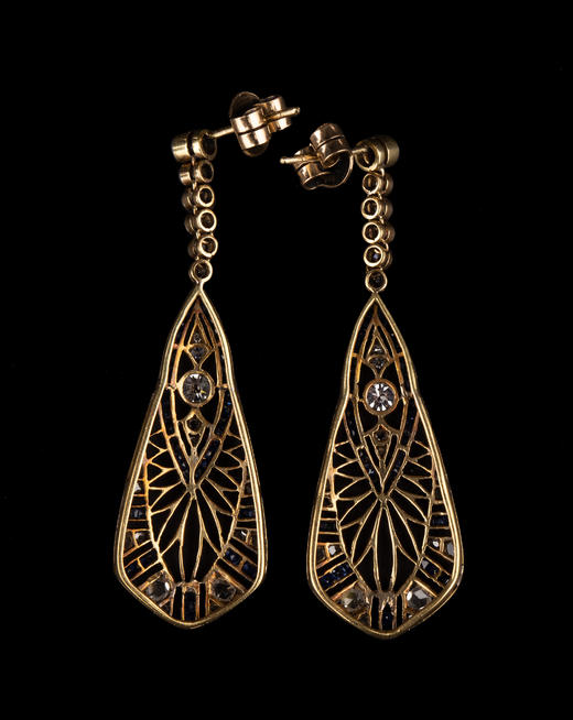 独角鹿西洋古董珠宝首饰蓝宝石钻石镶嵌铂金黄金镂空设计耳坠耳饰 商品图4