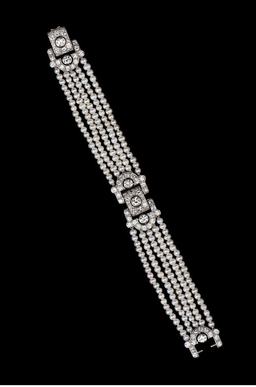 独角鹿西洋古董珠宝法国铂金镶嵌钻石天然珍珠五股手链手镯手饰 商品图2