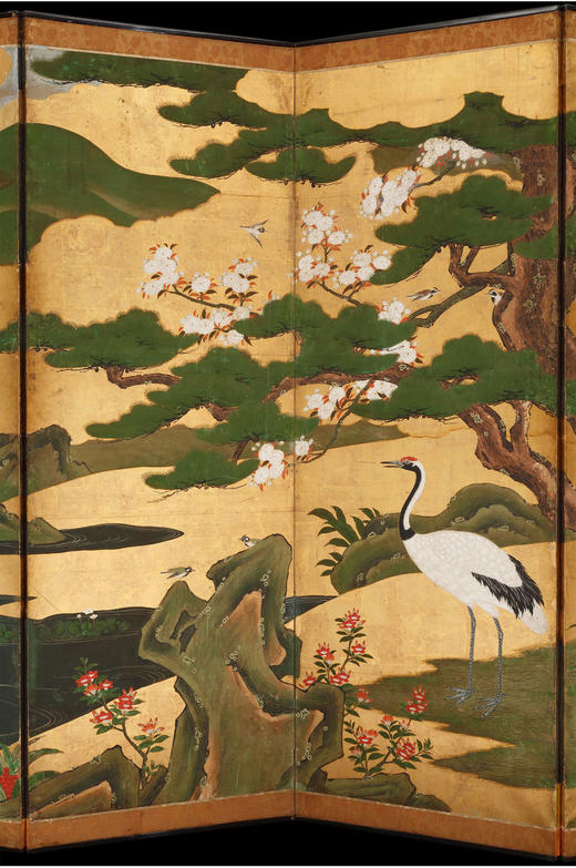 独角鹿西洋古董家具日本江户时代狩野派青松仙鹤纸本金叶六曲屏风 商品图2