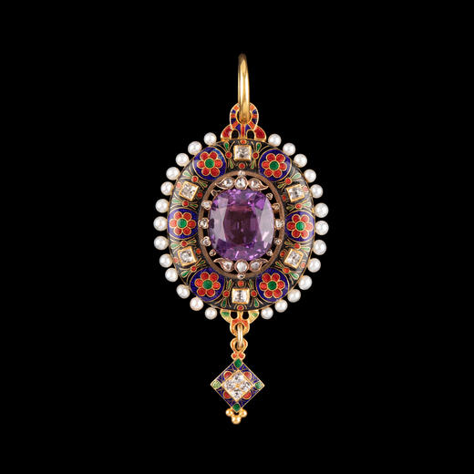 独角鹿西洋古董英国花卉主题18K黄金珐琅镶嵌珍珠钻石紫水晶吊坠 商品图0