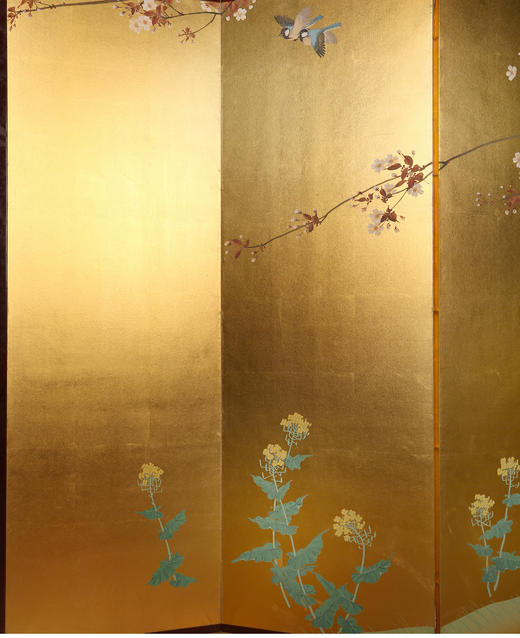 独角鹿西洋古董日本明治时期繁花鸟雀主题金地纸本着色六曲屏风 商品图3