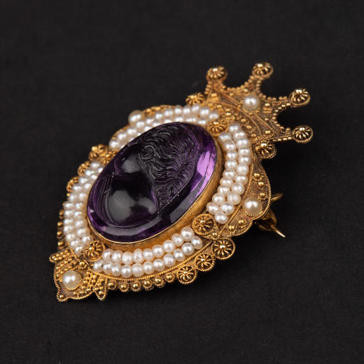 独角鹿西洋古董珠宝首饰紫水晶天然珍珠镶嵌14K金卡梅奥胸针 商品图0