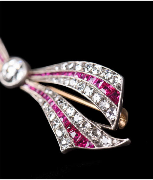 独角鹿西洋古董珠宝法国18k金及铂金镶嵌红宝石钻石蝴蝶结胸针 商品图2