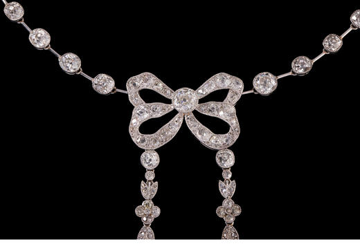 独角鹿西洋古董首饰美好时代铂金镶钻石缎带蝴蝶结Négligée项链 商品图3