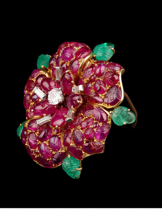 独角鹿西洋古董Marchak18K黄金镶红宝石祖母绿钻石水果锦囊胸针 商品图3
