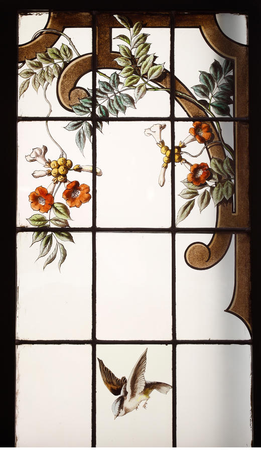 独角鹿西洋古董法国新艺术时期出品水滨花鸟主题彩绘玻璃花窗一对 商品图2