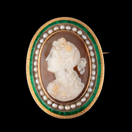 独角鹿西洋古董珠宝首饰黄金嵌玛瑙绿珐琅天然珍珠精雕卡梅奥胸针 商品图0