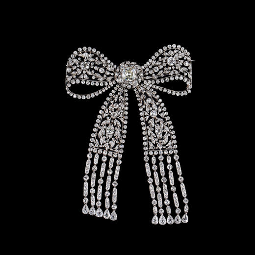 独角鹿西洋古董首饰珠宝美好时代风铂金镶嵌钻石蝴蝶结流苏胸针 商品图0