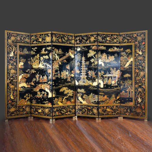 独角鹿西洋古董法国东方风格黑地五彩漆器山水亭台人物六扇屏风 商品图0