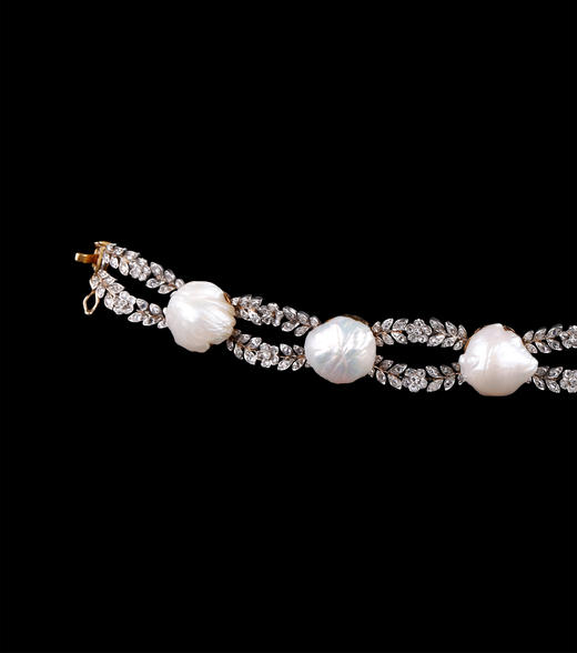 独角鹿西洋古董珠宝法国18K黄金铂金镶钻石天然巴洛克珍珠手链 商品图2