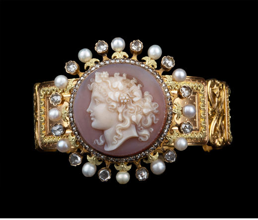 独角鹿西洋古董18K金镶嵌珍珠钻石玛瑙浮雕卡梅奥cameo手镯手链 商品图2