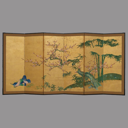 独角鹿西洋古董江户时期琳派风格纸本金地樱竹春色主题六曲屏风 商品图0