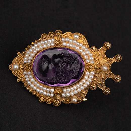 独角鹿西洋古董珠宝首饰紫水晶天然珍珠镶嵌14K金卡梅奥胸针 商品图3