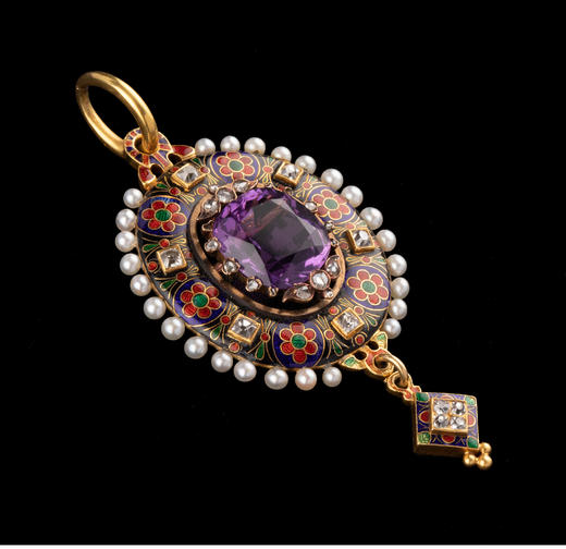 独角鹿西洋古董英国花卉主题18K黄金珐琅镶嵌珍珠钻石紫水晶吊坠 商品图3