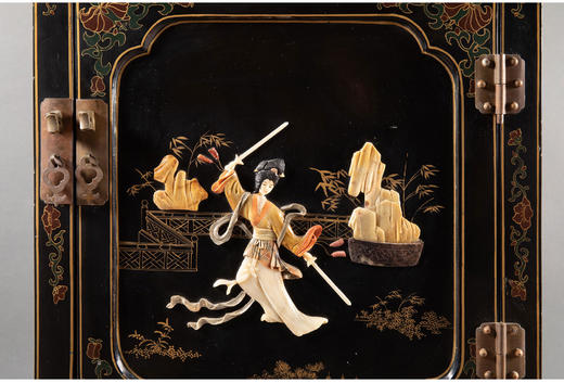 独角鹿西洋古董家具20世纪中国出品传统人物黑漆底百宝嵌边柜立柜 商品图3