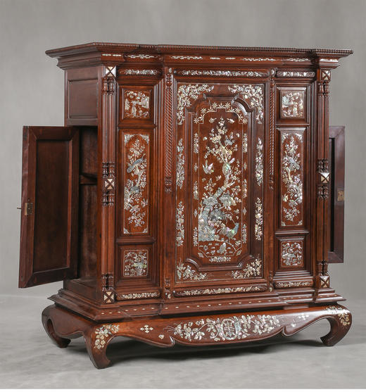 独角鹿西洋古董家具19世纪末亚洲东方风吉祥花鸟漆木镶嵌螺钿边柜 商品图2