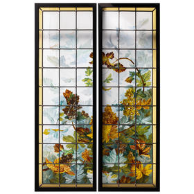 独角鹿西洋古董法国新艺术时期出品葡萄藤蔓主题彩绘玻璃花窗一对
