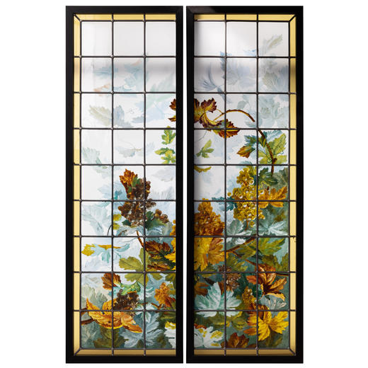 独角鹿西洋古董法国新艺术时期出品葡萄藤蔓主题彩绘玻璃花窗一对 商品图0