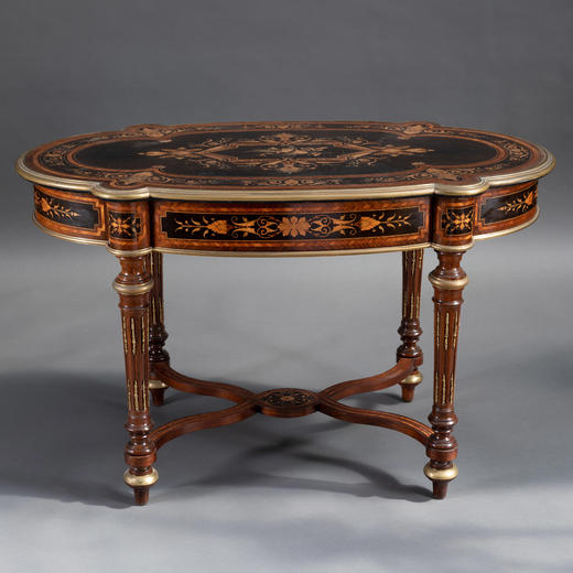 独角鹿西洋古董家具1880年代法国出品铜鎏金修饰细木镶嵌中央桌子 商品图0