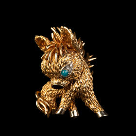 独角鹿西洋古董法国珠宝品牌18K金镶嵌钻石绿松石缟玛瑙小驴胸针
