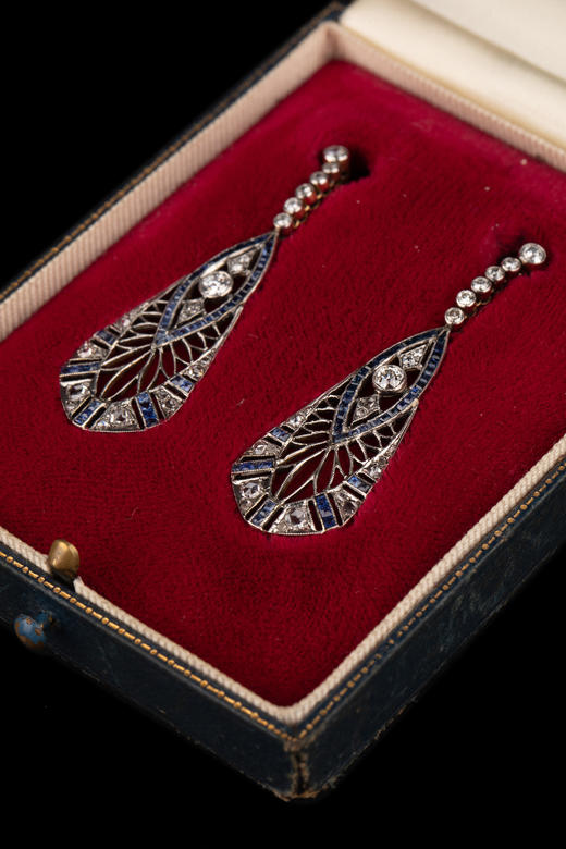 独角鹿西洋古董珠宝首饰蓝宝石钻石镶嵌铂金黄金镂空设计耳坠耳饰 商品图2