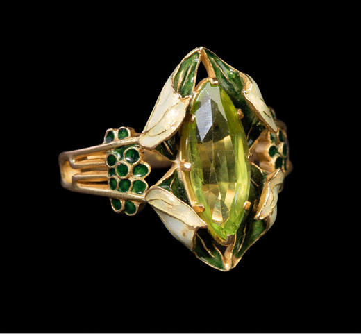 独角鹿西洋古董首饰珠宝法国莱俪18K金镶嵌橄榄石珐琅花型戒指 商品图3