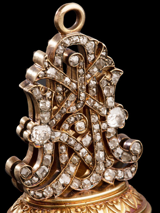 独角鹿西洋古董18K黄金镂雕花押字母镶嵌钻石青金石火漆印章吊坠 商品图4