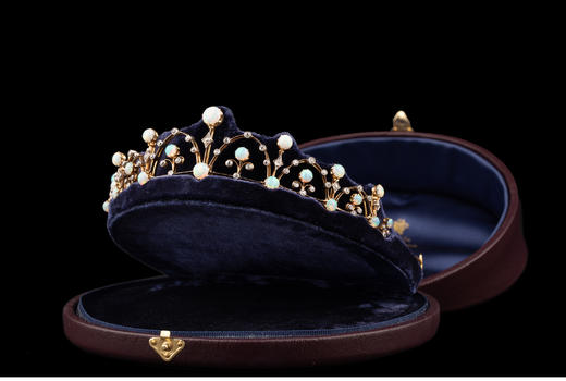 独角鹿西洋古董维多利亚时期15K黄金纯银镶嵌欧泊钻石冠冕项链 商品图2