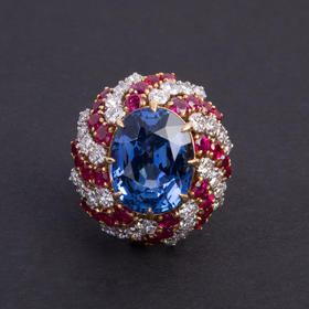 独角鹿西洋古董珠宝首饰宝格丽黄金铂金镶嵌蓝宝石红宝石钻石戒指