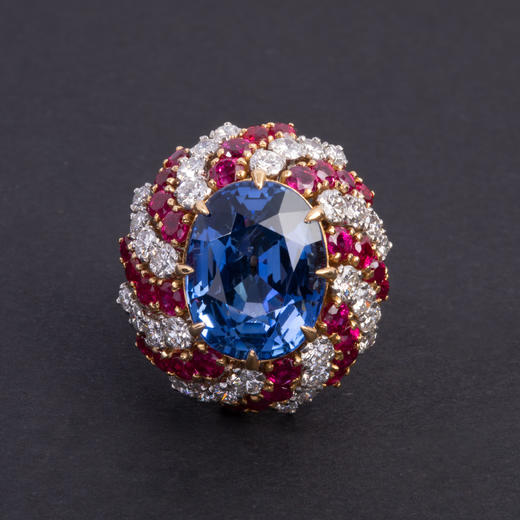 独角鹿西洋古董珠宝首饰宝格丽黄金铂金镶嵌蓝宝石红宝石钻石戒指 商品图0