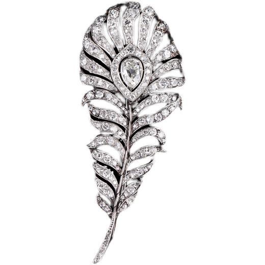 独角鹿西洋古董珠宝英国装饰艺术时铂金镶嵌钻石孔雀羽毛造型胸针 商品图4