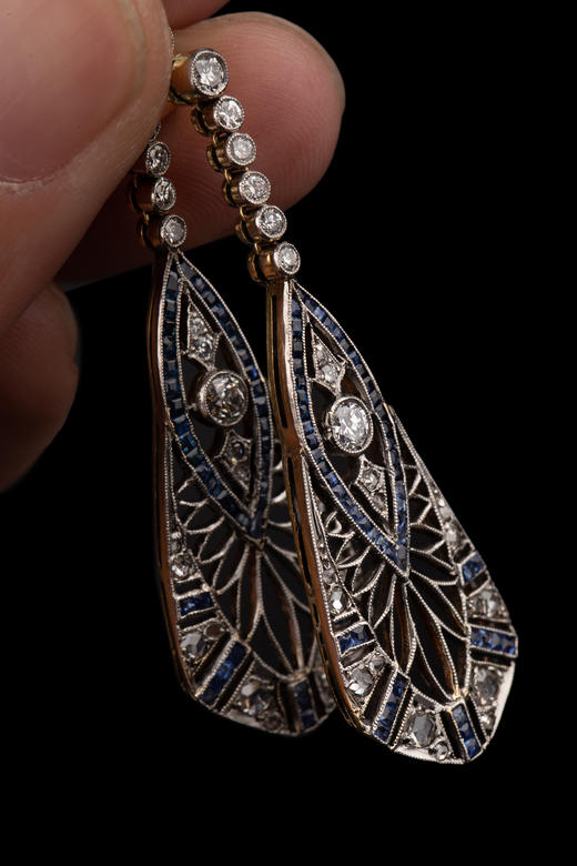 独角鹿西洋古董珠宝首饰蓝宝石钻石镶嵌铂金黄金镂空设计耳坠耳饰 商品图3