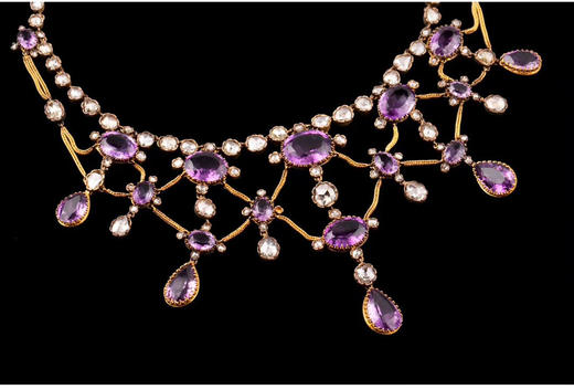 独角鹿西洋古董首饰法国出品18k金镶嵌紫水晶钻石垂花帷幔项链 商品图3