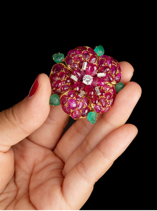 独角鹿西洋古董Marchak18K黄金镶红宝石祖母绿钻石水果锦囊胸针 商品图2
