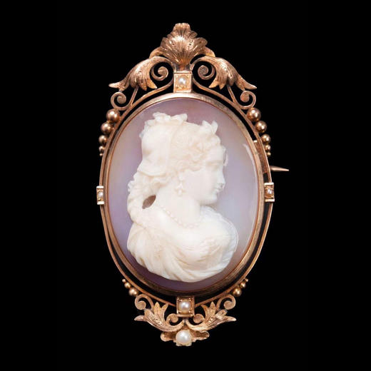 独角鹿西洋古董首饰18K金镶珍珠女子雕像Cameo玛瑙浮雕胸针/吊坠 商品图0