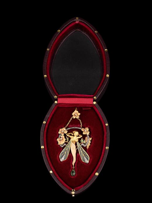 独角鹿西洋古董珠宝名坊18K黄金钻石祖母绿空窗珐琅花卉仙女吊坠 商品图4