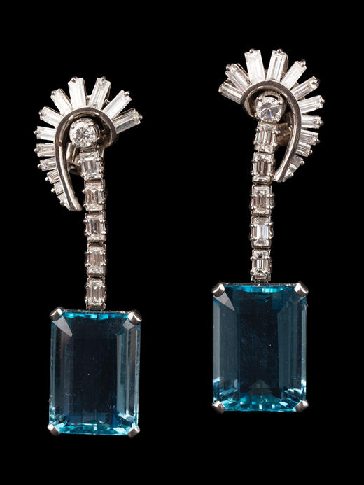 独角鹿西洋古董珠宝Art Deco风格18K白金镶海蓝宝石钻石耳坠耳环 商品图0