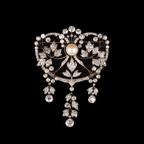 独角鹿西洋古董珠宝铂金镶嵌天然海水珍珠钻石心花绽放胸针吊坠