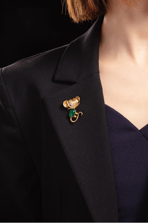 独角鹿西洋古董法国珠宝世家18k金镶钻石绿玉髓红宝石小老鼠胸针 商品图1