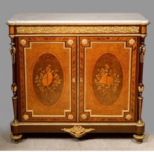 独角鹿西洋古董家具路易十六风格铜鎏金细木镶嵌大理石台面边柜 商品图1