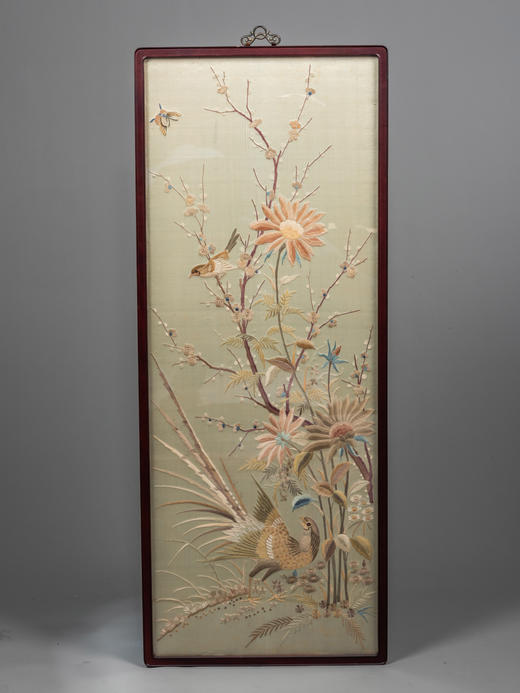 独角鹿西洋古董清代中国出品花鸟粤绣四条屏插屏屏风 商品图3