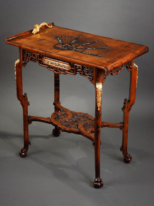 独角鹿西洋古董家具VIARDOT山毛榉木母贝铜鎏金游龙折扇双层边桌 商品图2