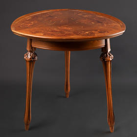 独角鹿西洋古董家具法国出品新艺术风格实心胡桃木细木镶嵌三足桌