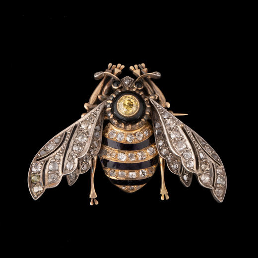 独角鹿西洋古董珠宝首饰金银叠打黄钻黑玛瑙镶嵌珐琅蜜蜂造型胸针 商品图0