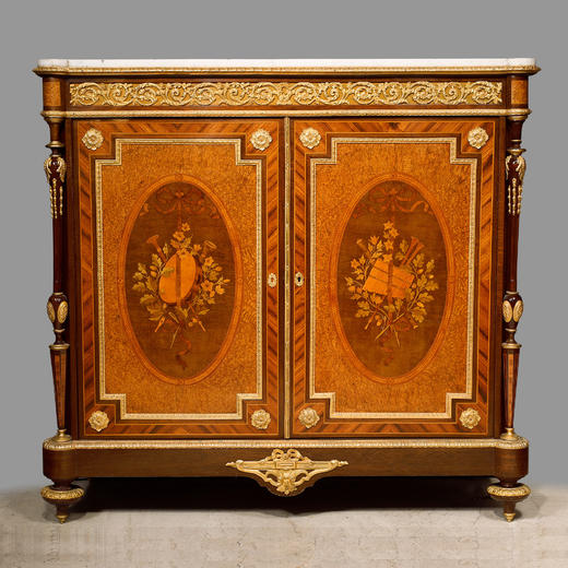 独角鹿西洋古董家具路易十六风格铜鎏金细木镶嵌大理石台面边柜 商品图0