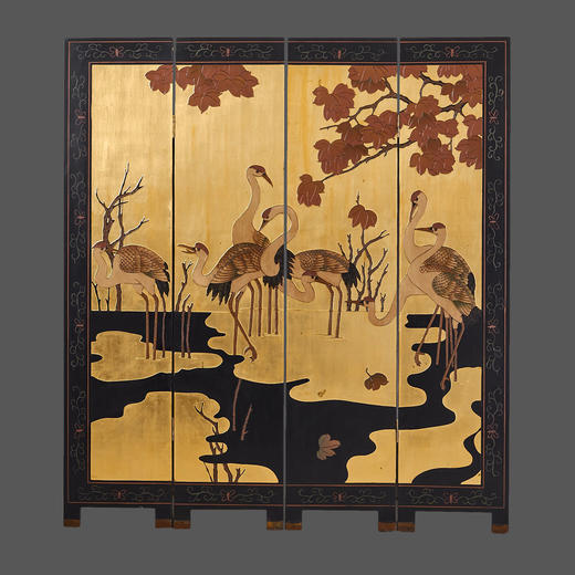 独角鹿西洋古董中国金秋红叶八仙鹤主题款彩雕漆四扇屏风 商品图0