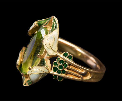 独角鹿西洋古董首饰珠宝法国莱俪18K金镶嵌橄榄石珐琅花型戒指 商品图4